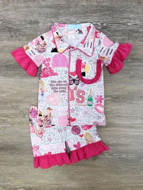 Hot Pink Ruffle Singer Girls Short Sleeve Pajama Set
