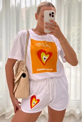 island summer orange printed white tee short co-ord