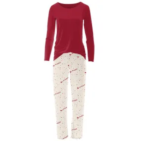 Kickee Pants Women's Long Sleeve Loosey Goosey Tee & Pajama Pants Set - Natural Flying Santa
