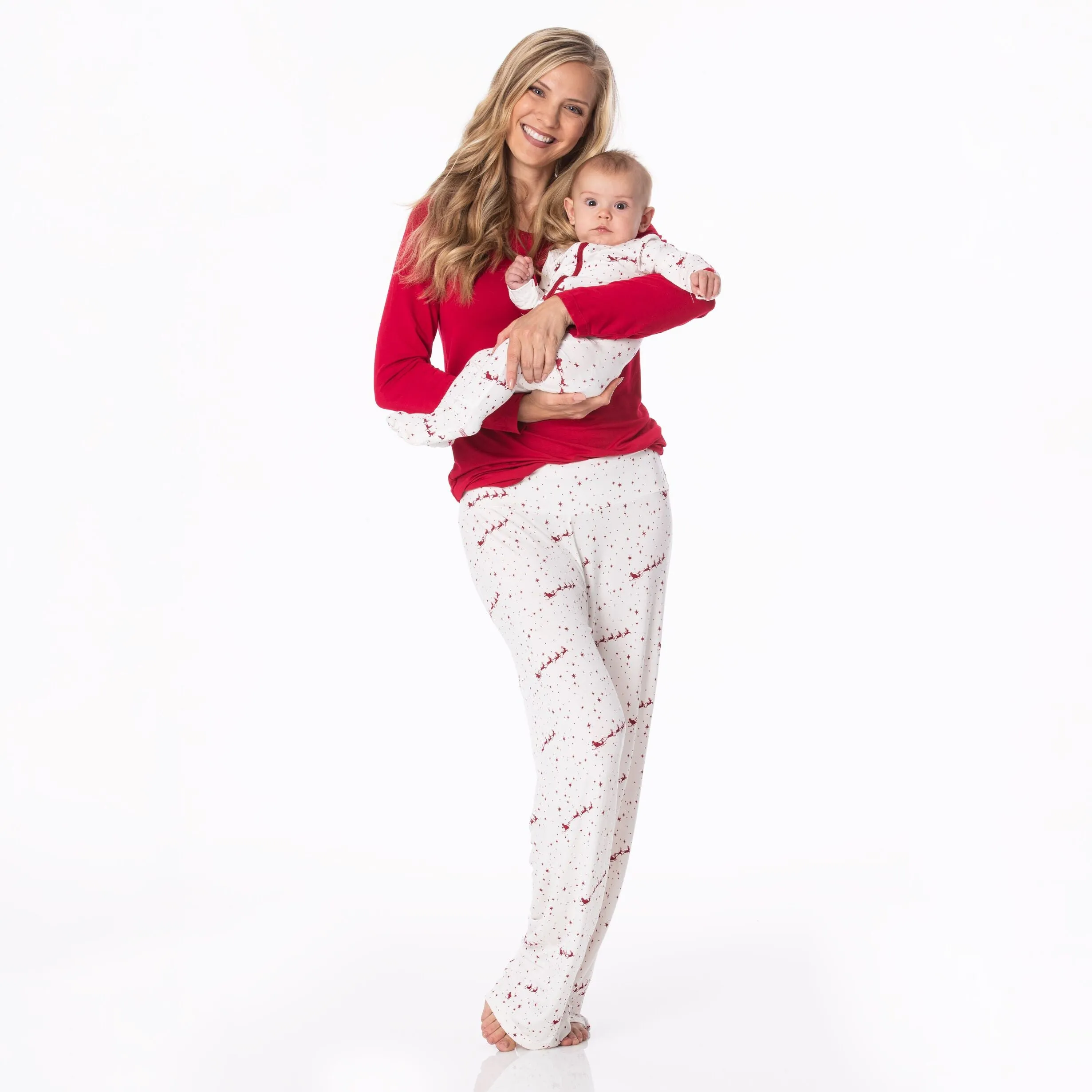 Kickee Pants Women's Long Sleeve Loosey Goosey Tee & Pajama Pants Set - Natural Flying Santa