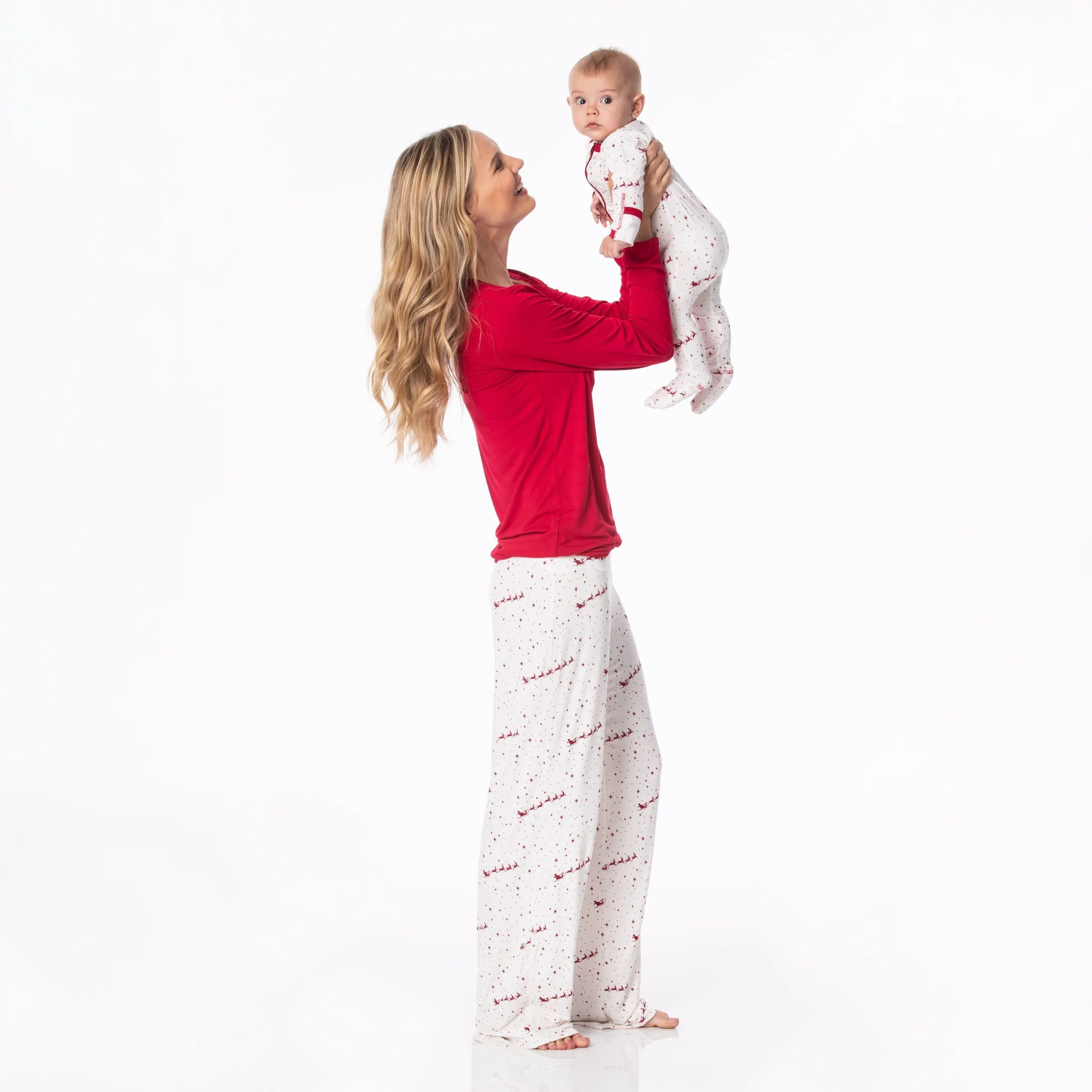Kickee Pants Women's Long Sleeve Loosey Goosey Tee & Pajama Pants Set - Natural Flying Santa