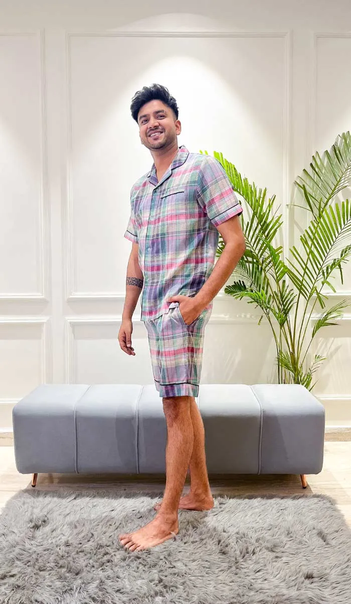 Lavender Checks | Purple Co-ord Set | Mens Shirt & shorts Set |  Loungewear set