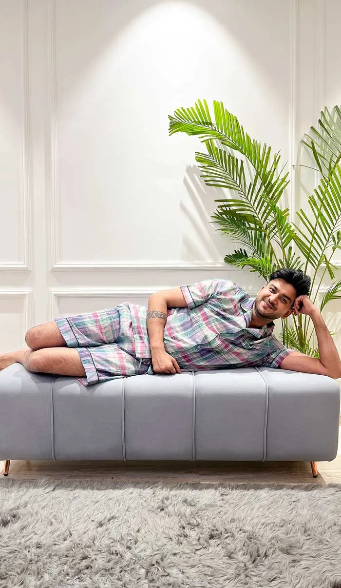 Lavender Checks | Purple Co-ord Set | Mens Shirt & shorts Set |  Loungewear set