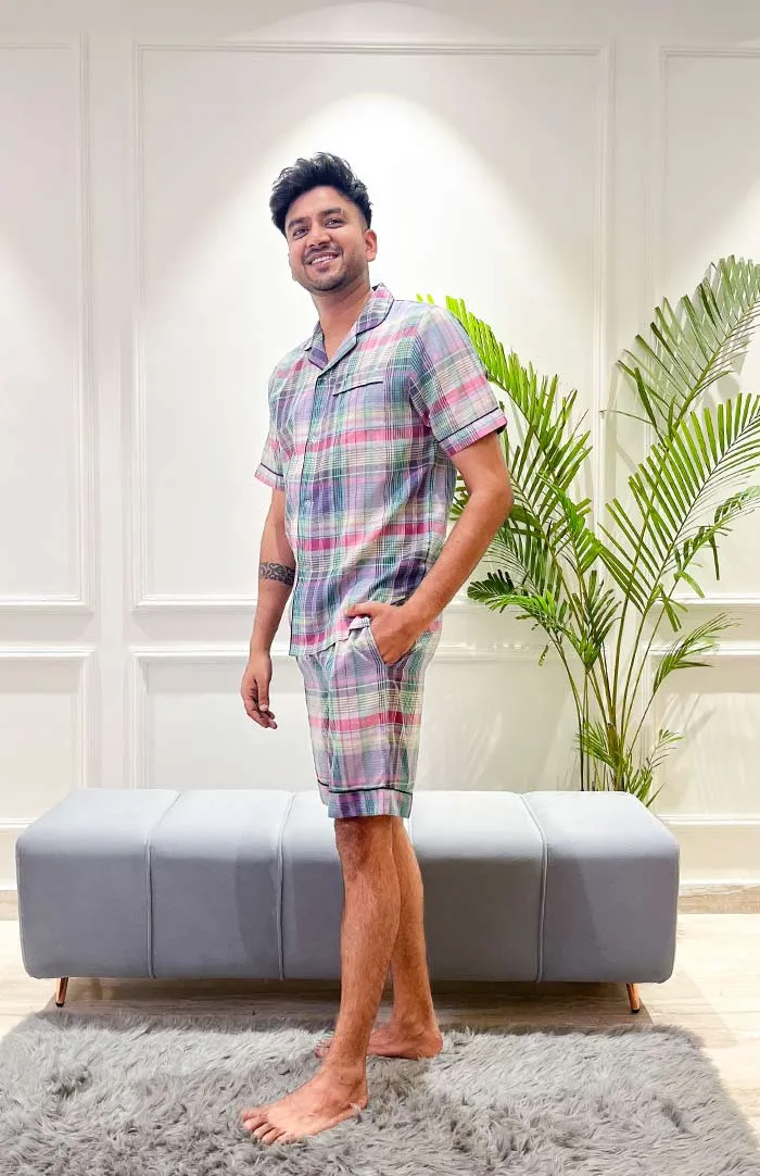 Lavender Checks | Purple Co-ord Set | Mens Shirt & shorts Set |  Loungewear set