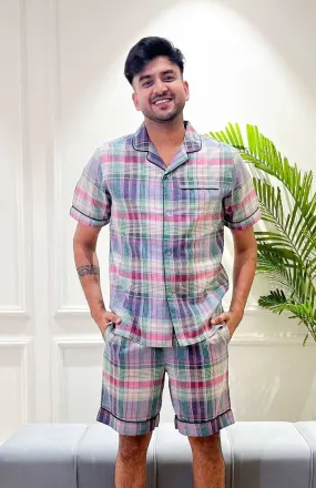Lavender Checks | Purple Co-ord Set | Mens Shirt & shorts Set |  Loungewear set