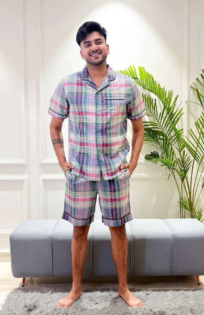 Lavender Checks | Purple Co-ord Set | Mens Shirt & shorts Set |  Loungewear set