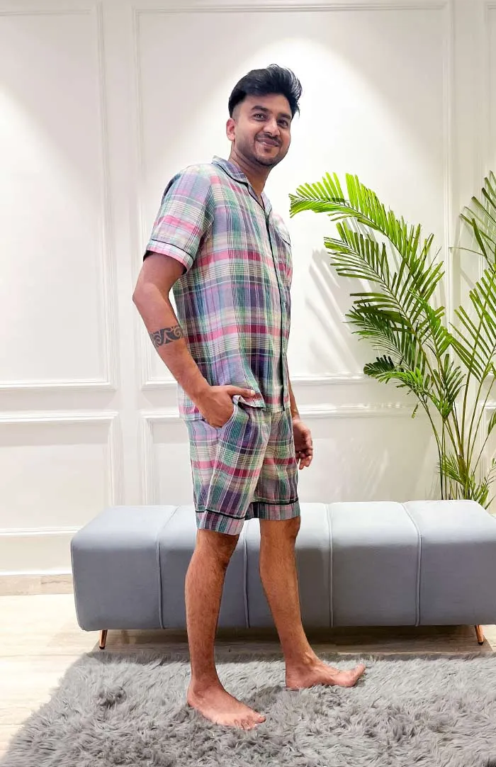 Lavender Checks | Purple Co-ord Set | Mens Shirt & shorts Set |  Loungewear set