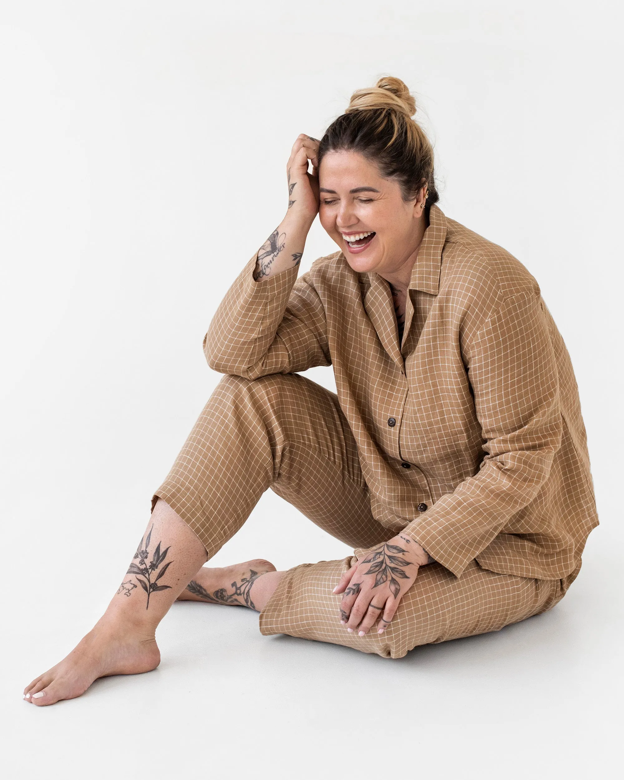 Linen loungewear set LAGUNA in Brown windowpane