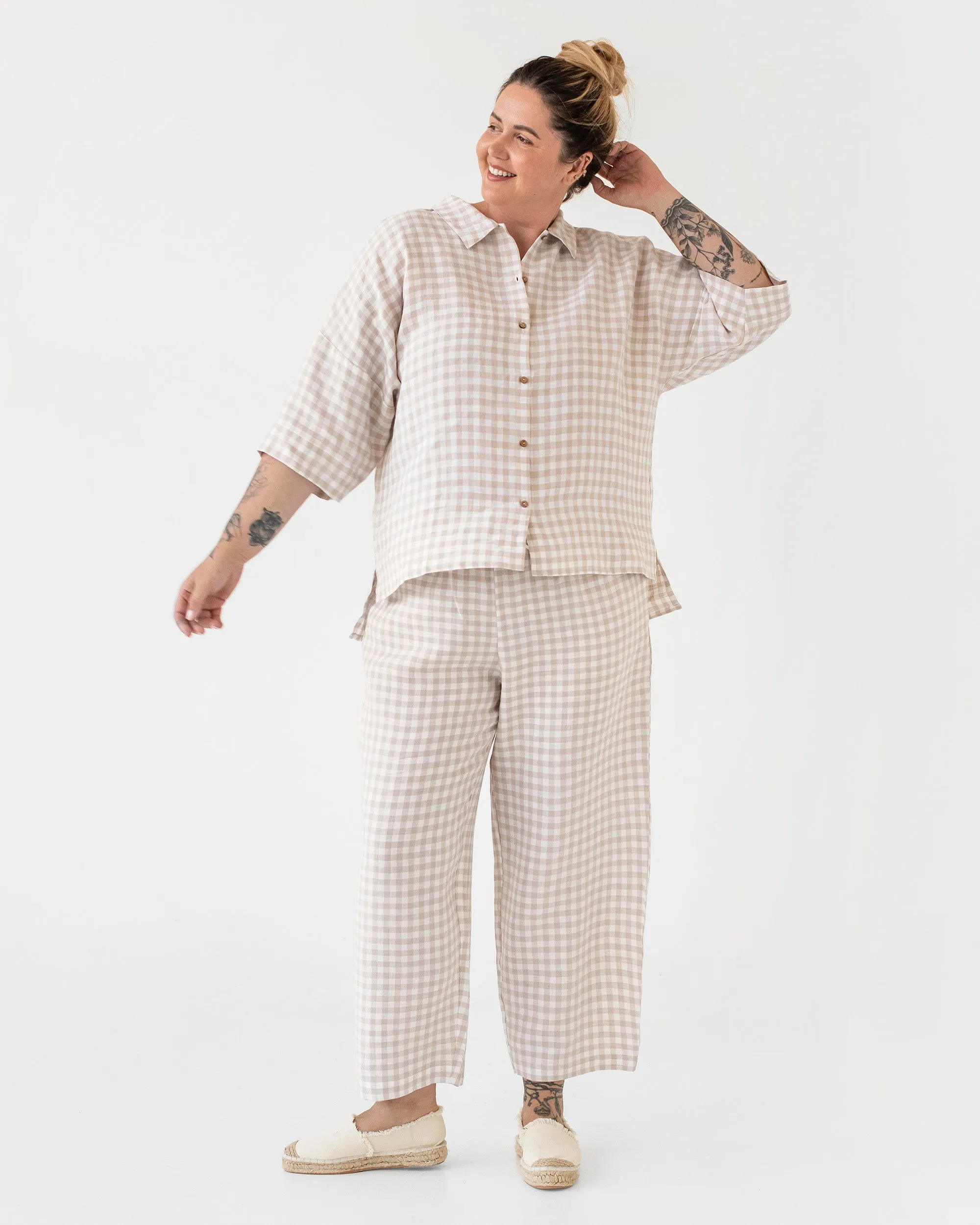 Linen pajama set COMPORTA in Natural gingham