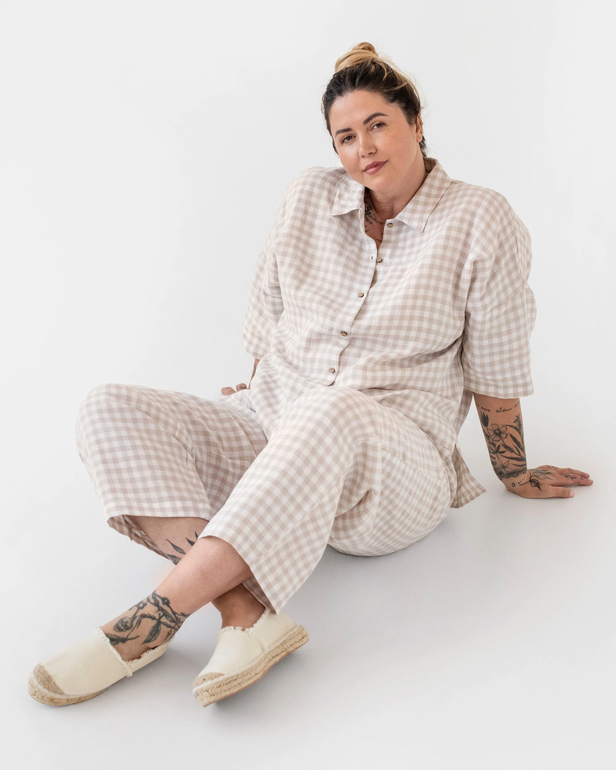Linen pajama set COMPORTA in Natural gingham