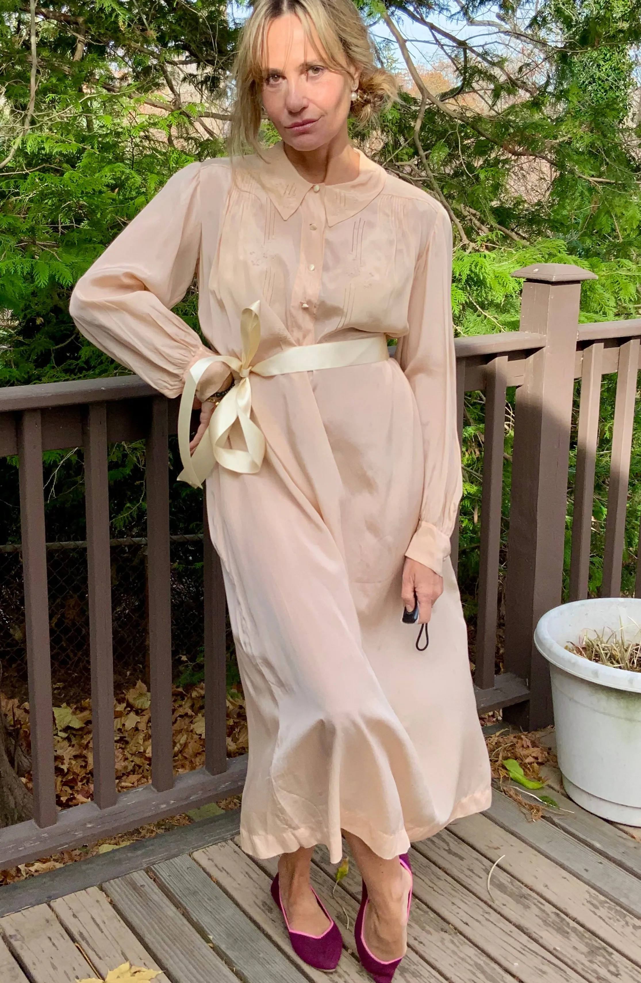 Long Sleeve Silk Nightgown Embroidered - 20s