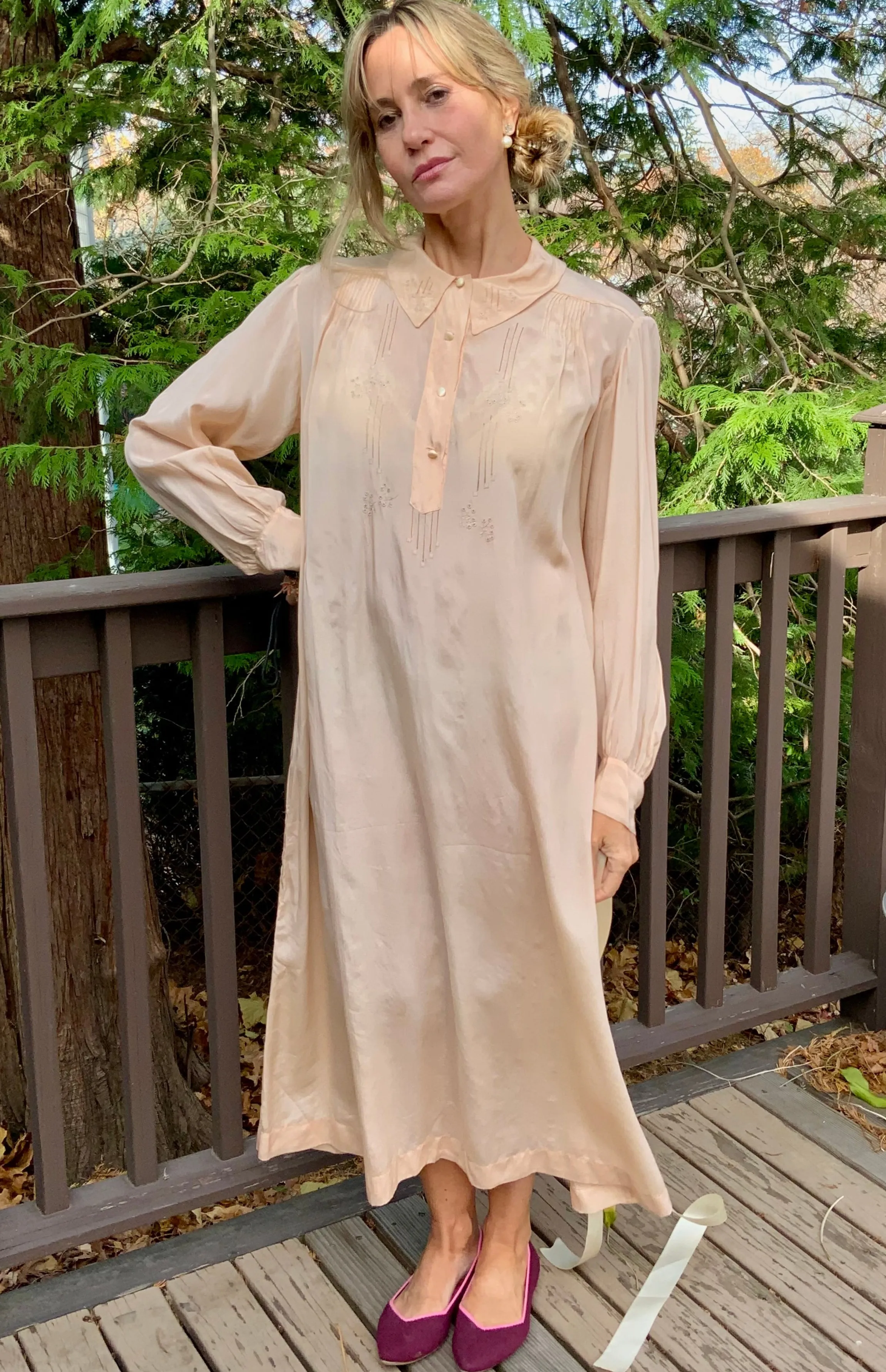 Long Sleeve Silk Nightgown Embroidered - 20s