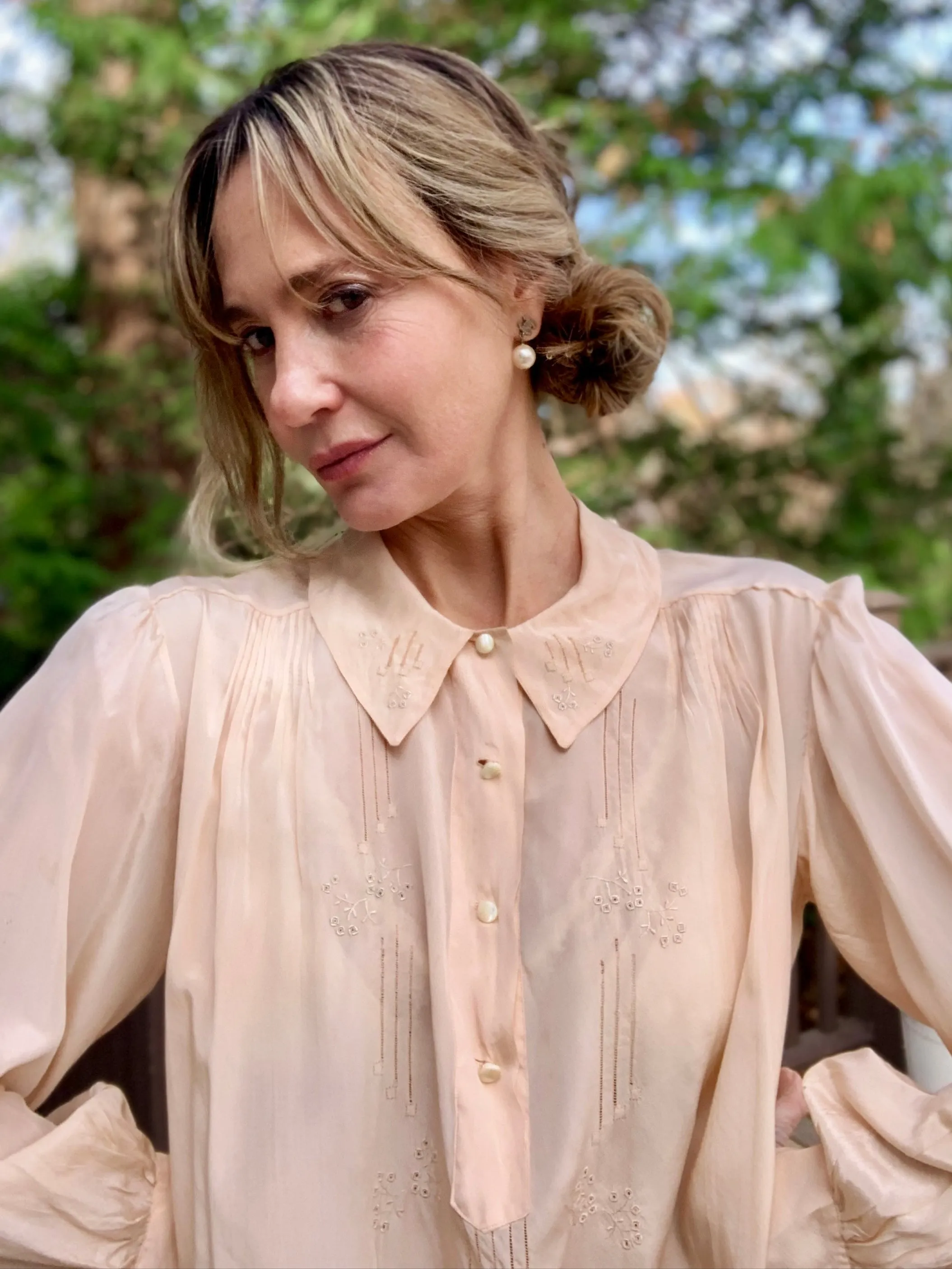 Long Sleeve Silk Nightgown Embroidered - 20s