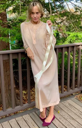 Long Sleeve Silk Nightgown Embroidered - 20s
