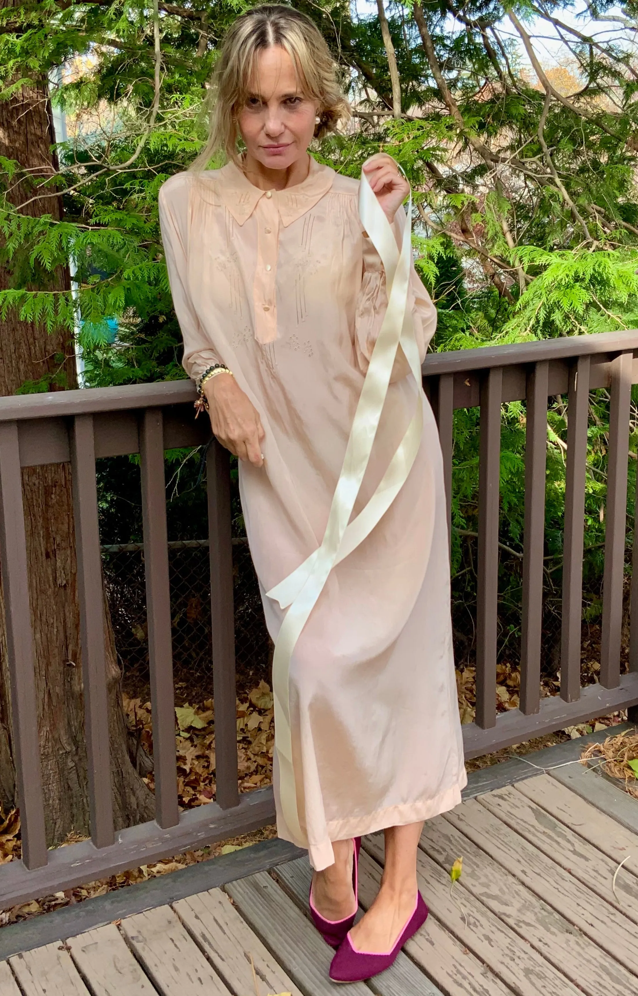 Long Sleeve Silk Nightgown Embroidered - 20s