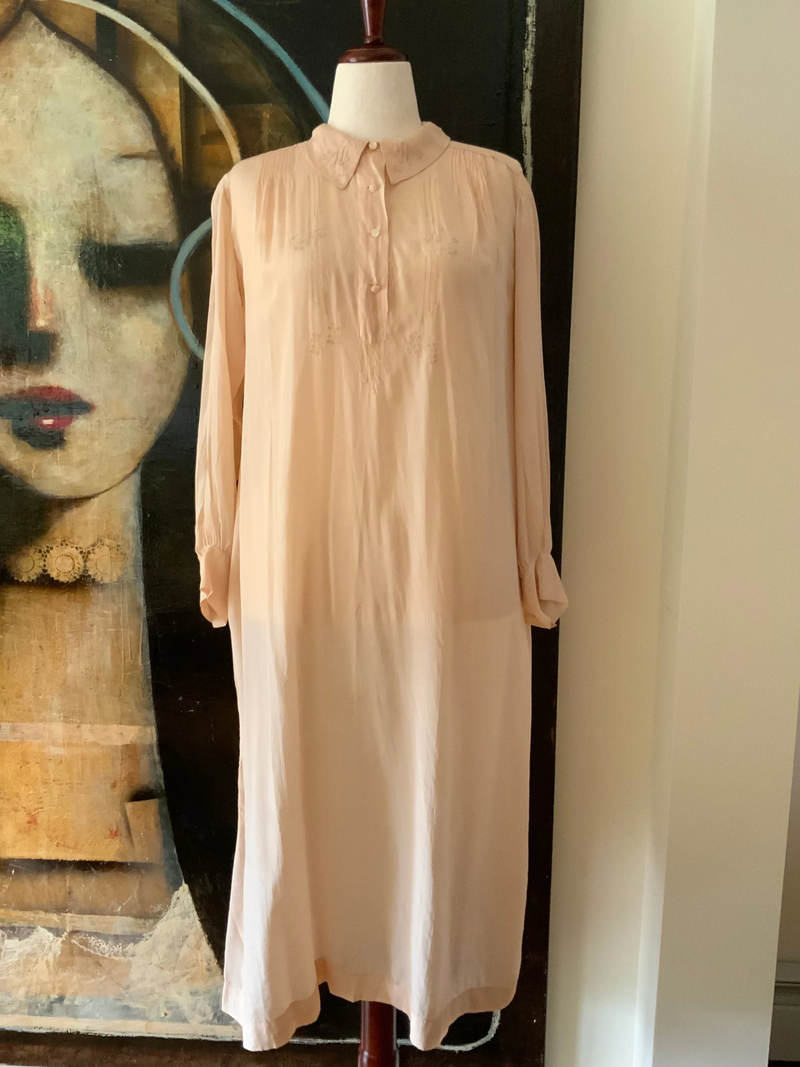 Long Sleeve Silk Nightgown Embroidered - 20s