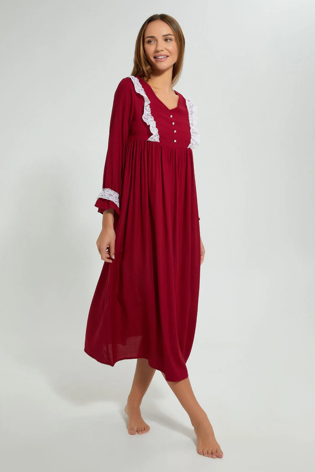 Maroon Plain Nightgown With Lace