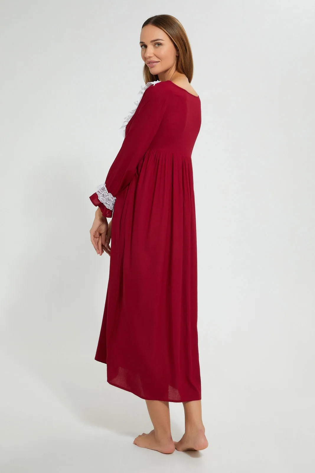 Maroon Plain Nightgown With Lace