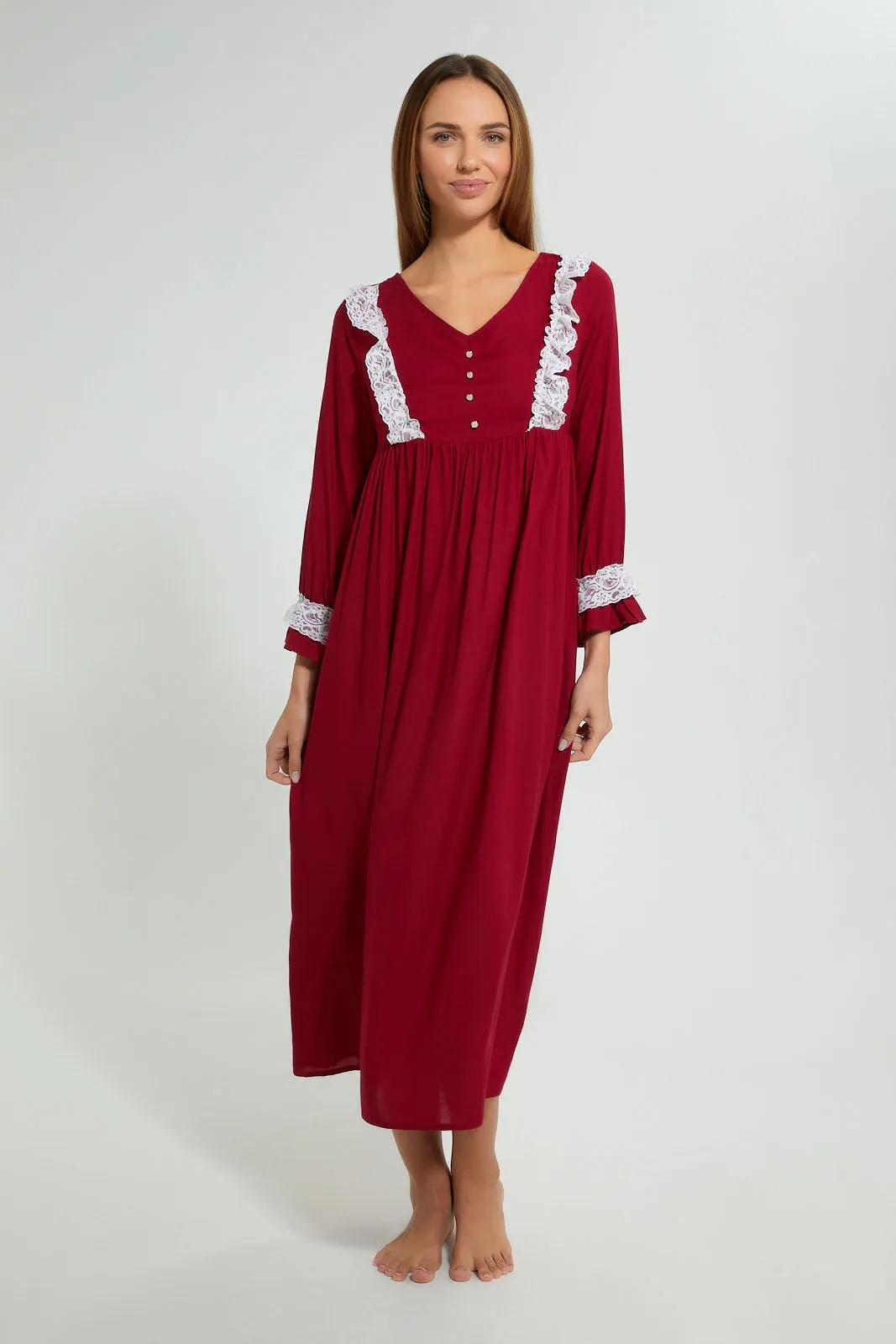 Maroon Plain Nightgown With Lace