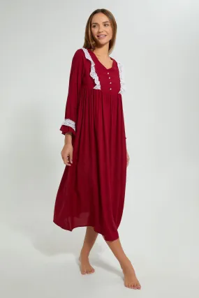 Maroon Plain Nightgown With Lace