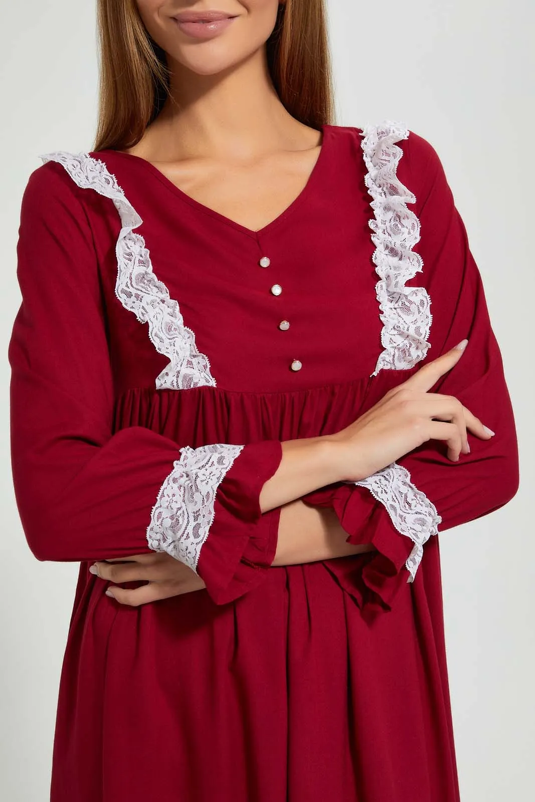 Maroon Plain Nightgown With Lace