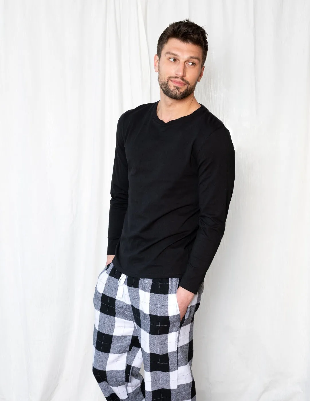 Mens Black & White Plaid Flannel Set