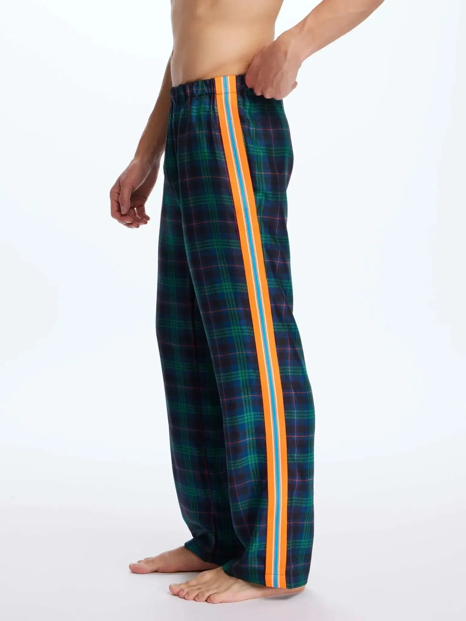Men's Blackwatch Tartan Silk Pajama Pants With Stripe