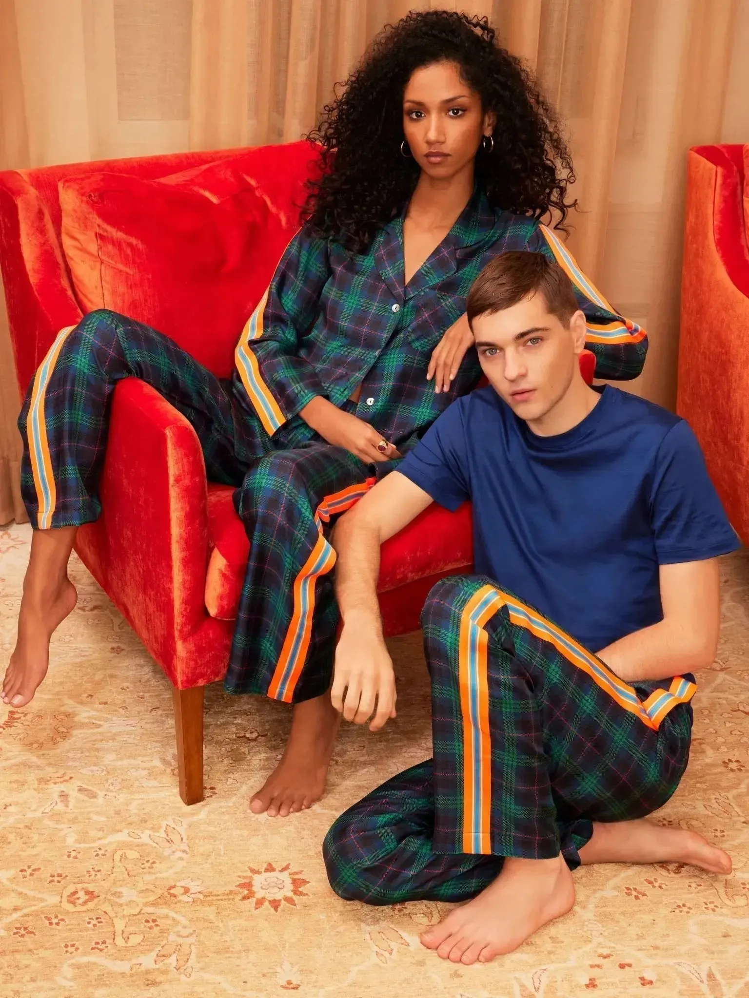 Men's Blackwatch Tartan Silk Pajama Pants With Stripe