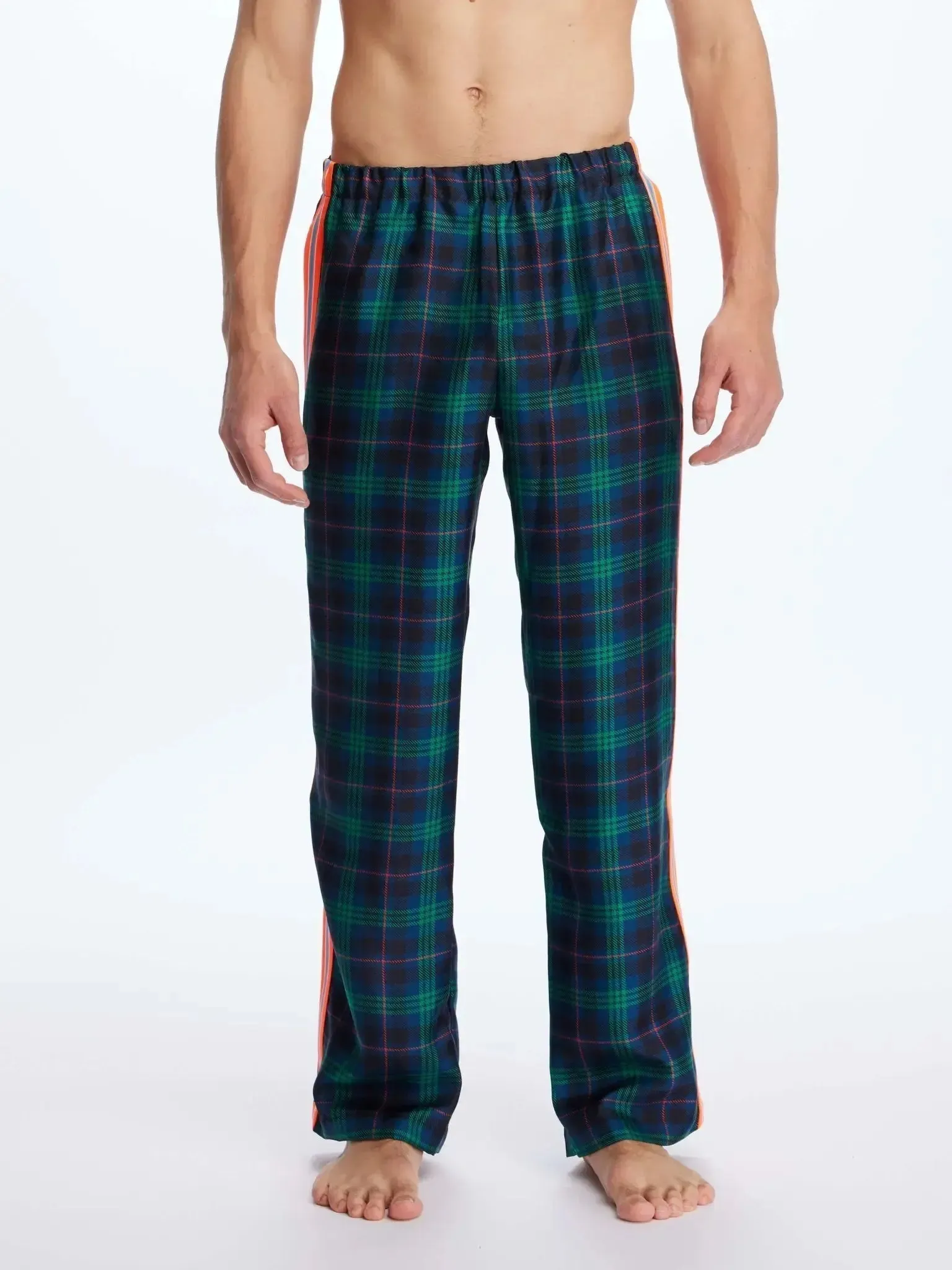 Men's Blackwatch Tartan Silk Pajama Pants With Stripe