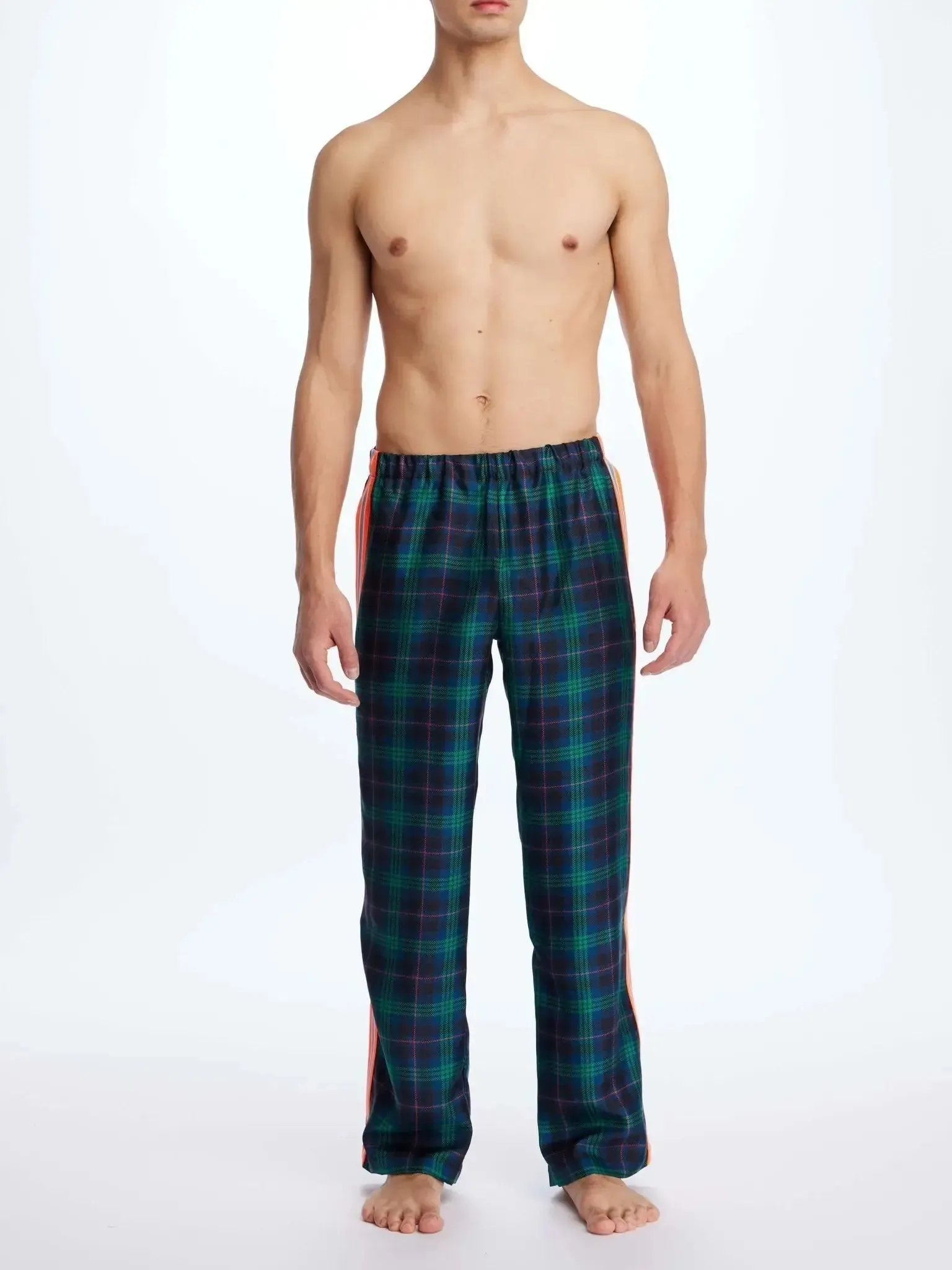 Men's Blackwatch Tartan Silk Pajama Pants With Stripe