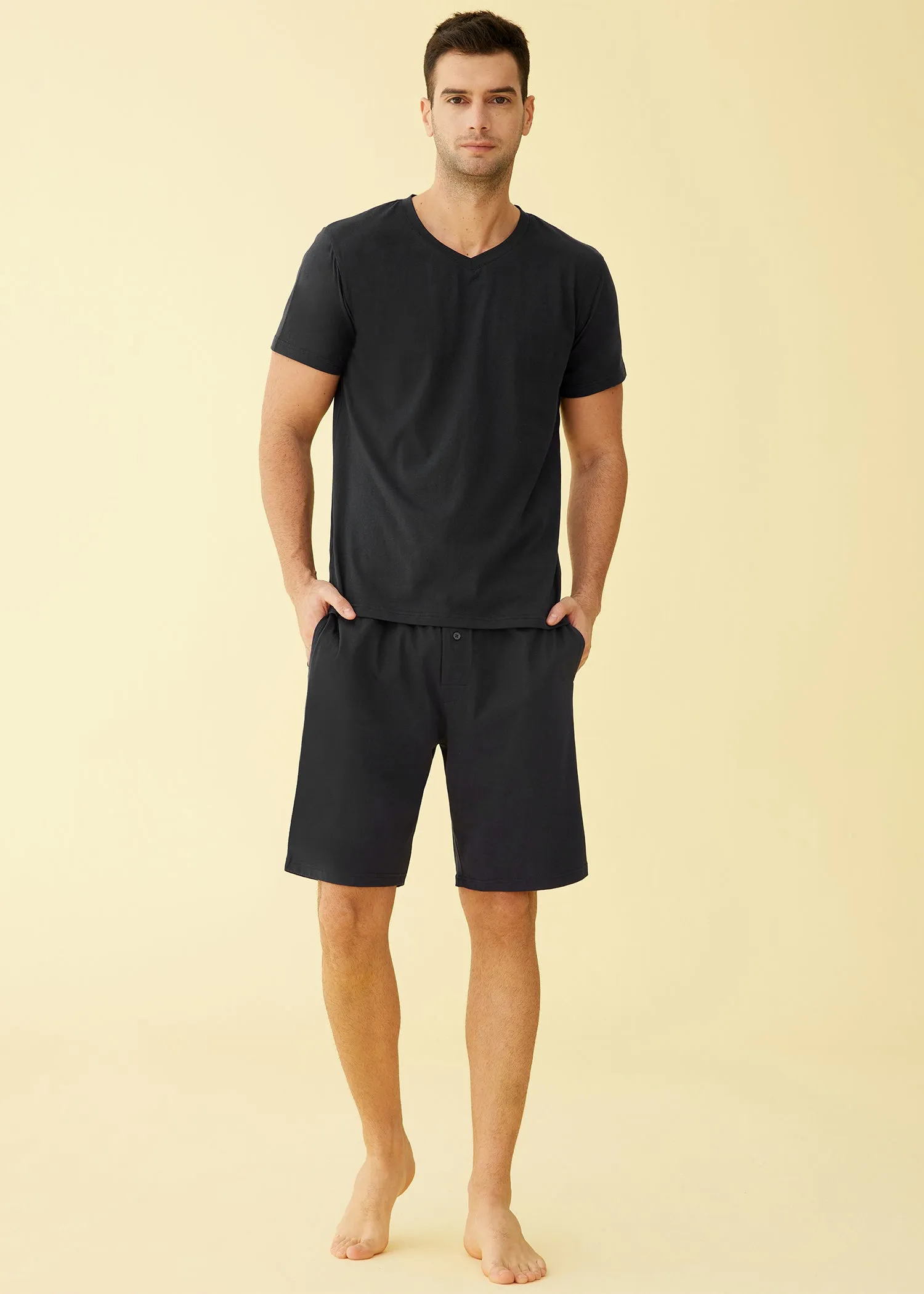 Men's Cotton Shirt with Shorts Pajama Set Knit Lounge Set