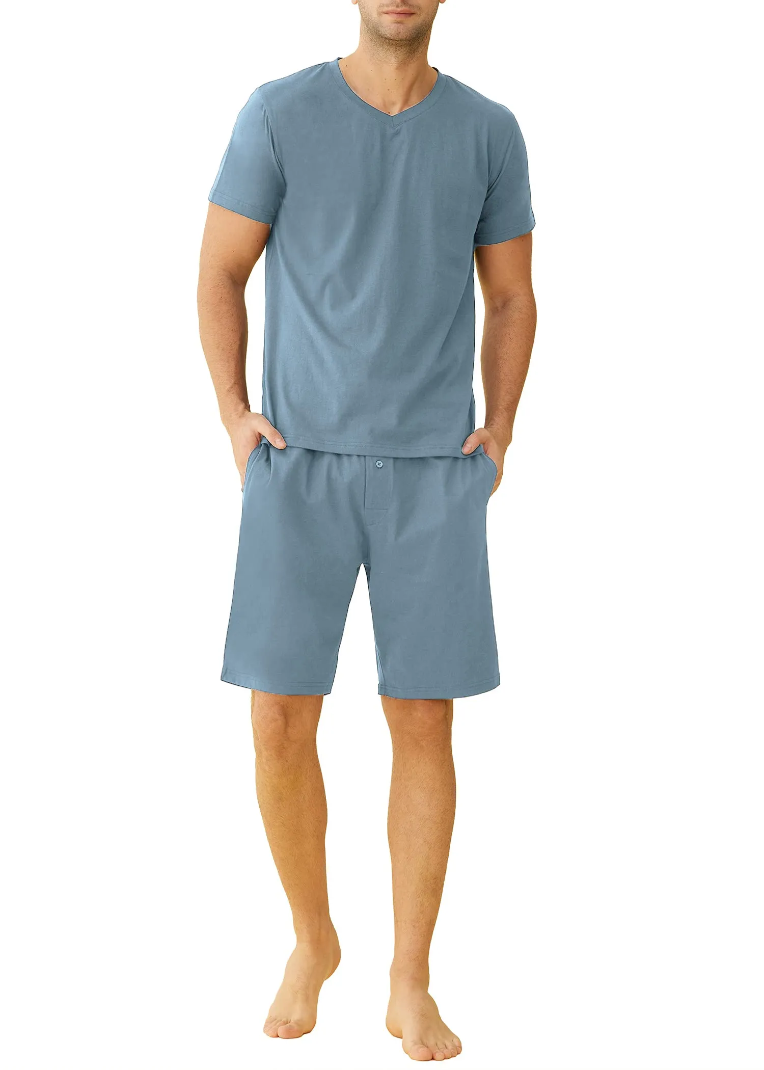Men's Cotton Shirt with Shorts Pajama Set Knit Lounge Set