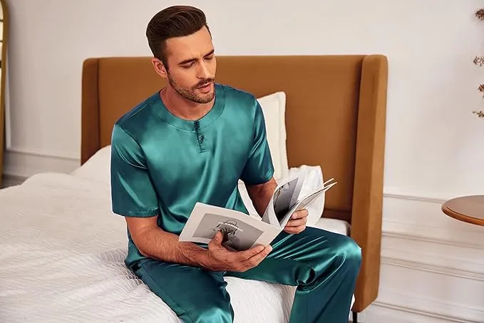 Men's Navy Blue Satin Silk Short Sleeve Shirt & Pants Pajamas Set