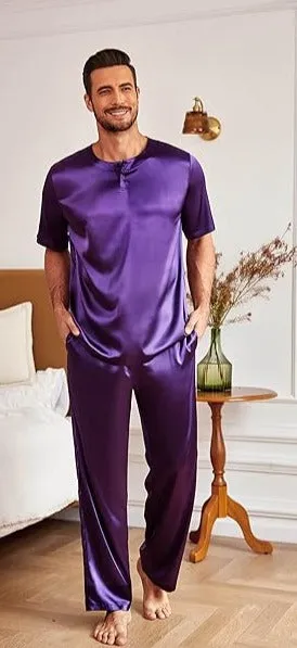 Men's Navy Blue Satin Silk Short Sleeve Shirt & Pants Pajamas Set
