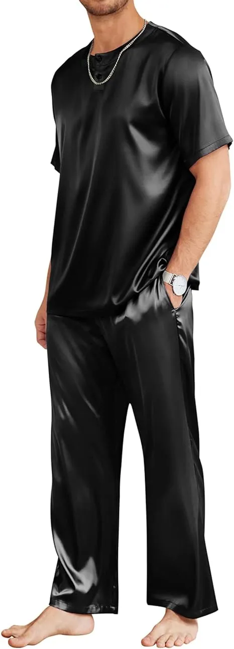 Men's Navy Blue Satin Silk Short Sleeve Shirt & Pants Pajamas Set