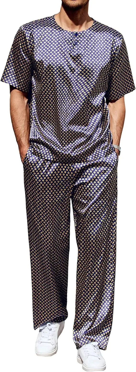 Men's Navy Blue Satin Silk Short Sleeve Shirt & Pants Pajamas Set
