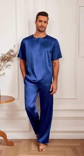 Men's Navy Blue Satin Silk Short Sleeve Shirt & Pants Pajamas Set