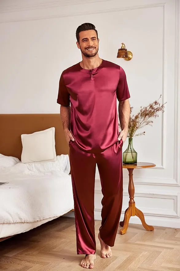 Men's Navy Blue Satin Silk Short Sleeve Shirt & Pants Pajamas Set
