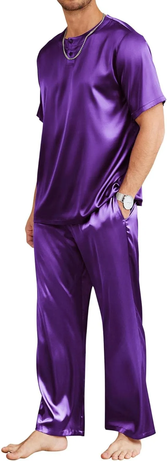 Men's Navy Blue Satin Silk Short Sleeve Shirt & Pants Pajamas Set