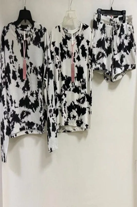 NEVER TAKING YOU OFF LOUNGE SET BLACK/WHITE TIE DYE- SHORTS SET