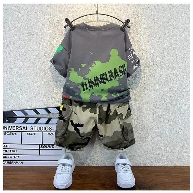New summer casual Boys 2 Pieces Clothing Set short sleeves cartoon printed shirt   camouflage shorts clothing set for kids S4514944