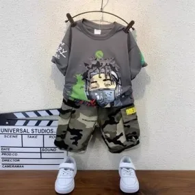 New summer casual Boys 2 Pieces Clothing Set short sleeves cartoon printed shirt   camouflage shorts clothing set for kids S4514944
