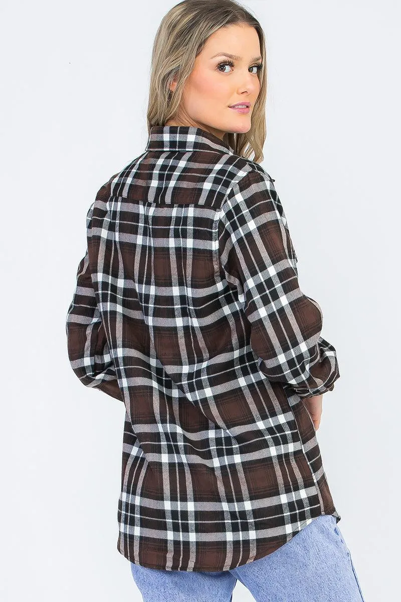 Oversize Boyfriend Brown Plaid Checkered Flannel