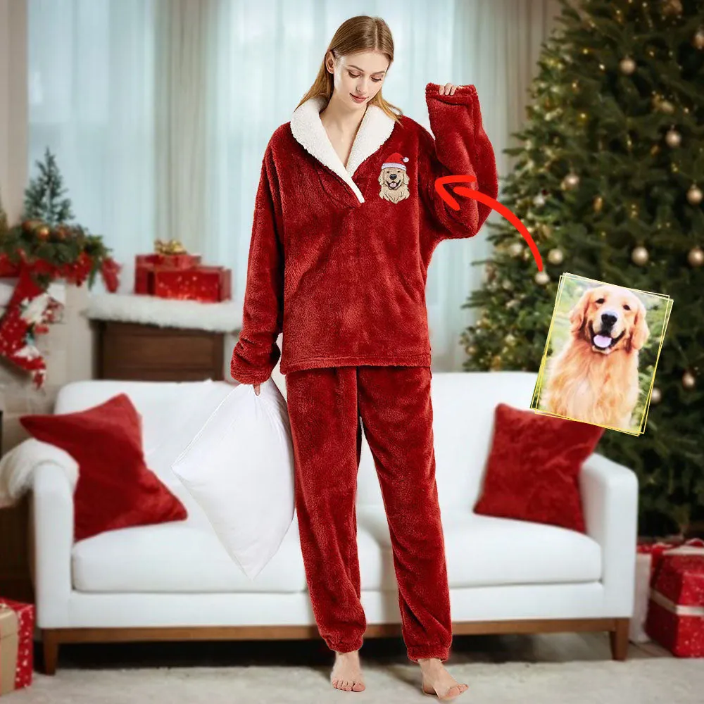 Personalized Embroidered Pet Portrait Flannel Pajamas Set  Gift For Pet Lovers