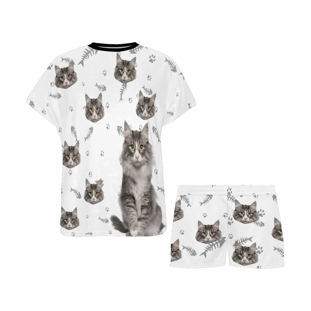 Personalized Pet Face Couple Pajamas Custom Cute Cat Couple Matching Crew Neck Short Pajama Set