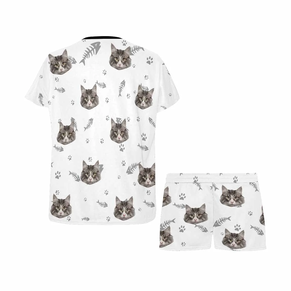 Personalized Pet Face Couple Pajamas Custom Cute Cat Couple Matching Crew Neck Short Pajama Set