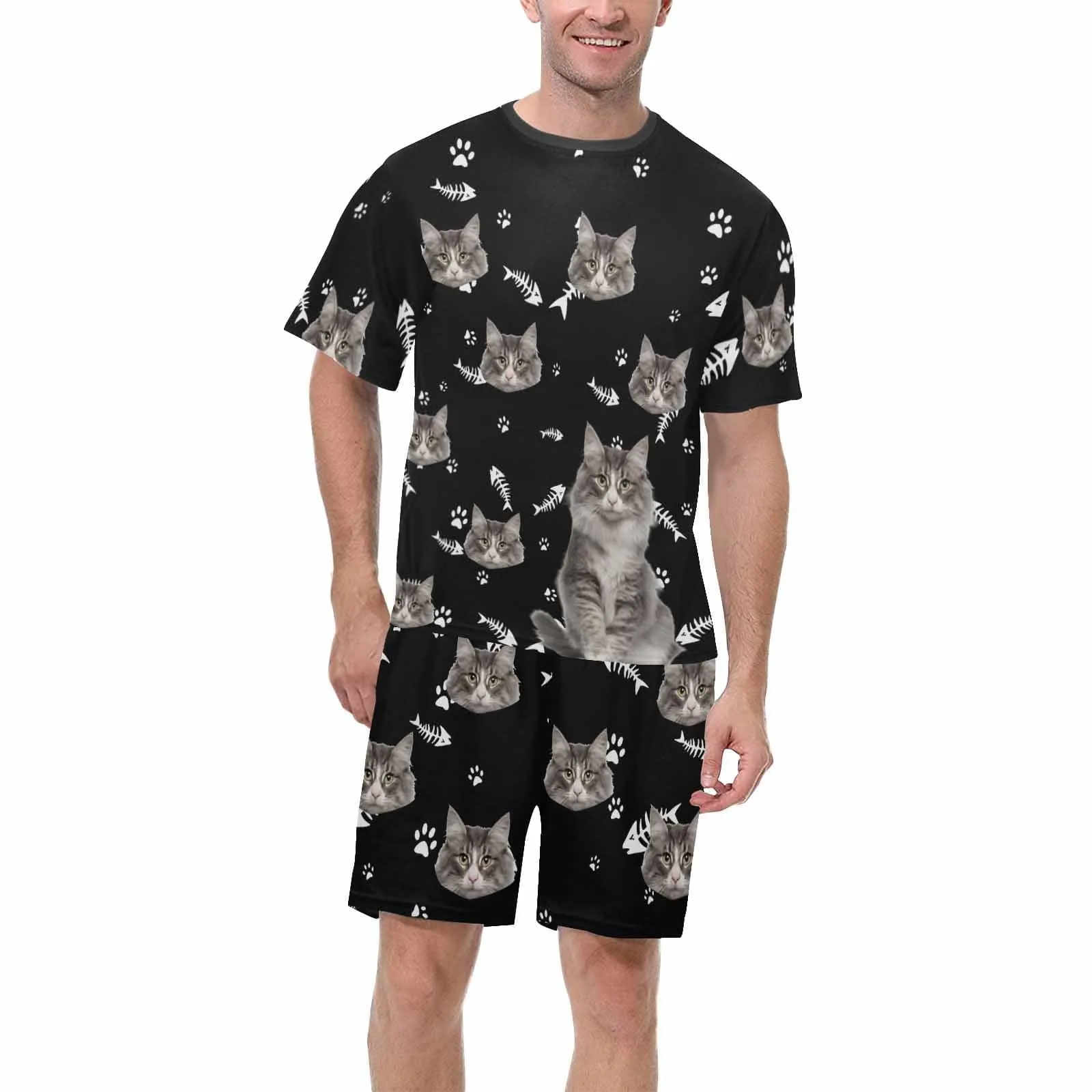 Personalized Pet Face Couple Pajamas Custom Cute Cat Couple Matching Crew Neck Short Pajama Set