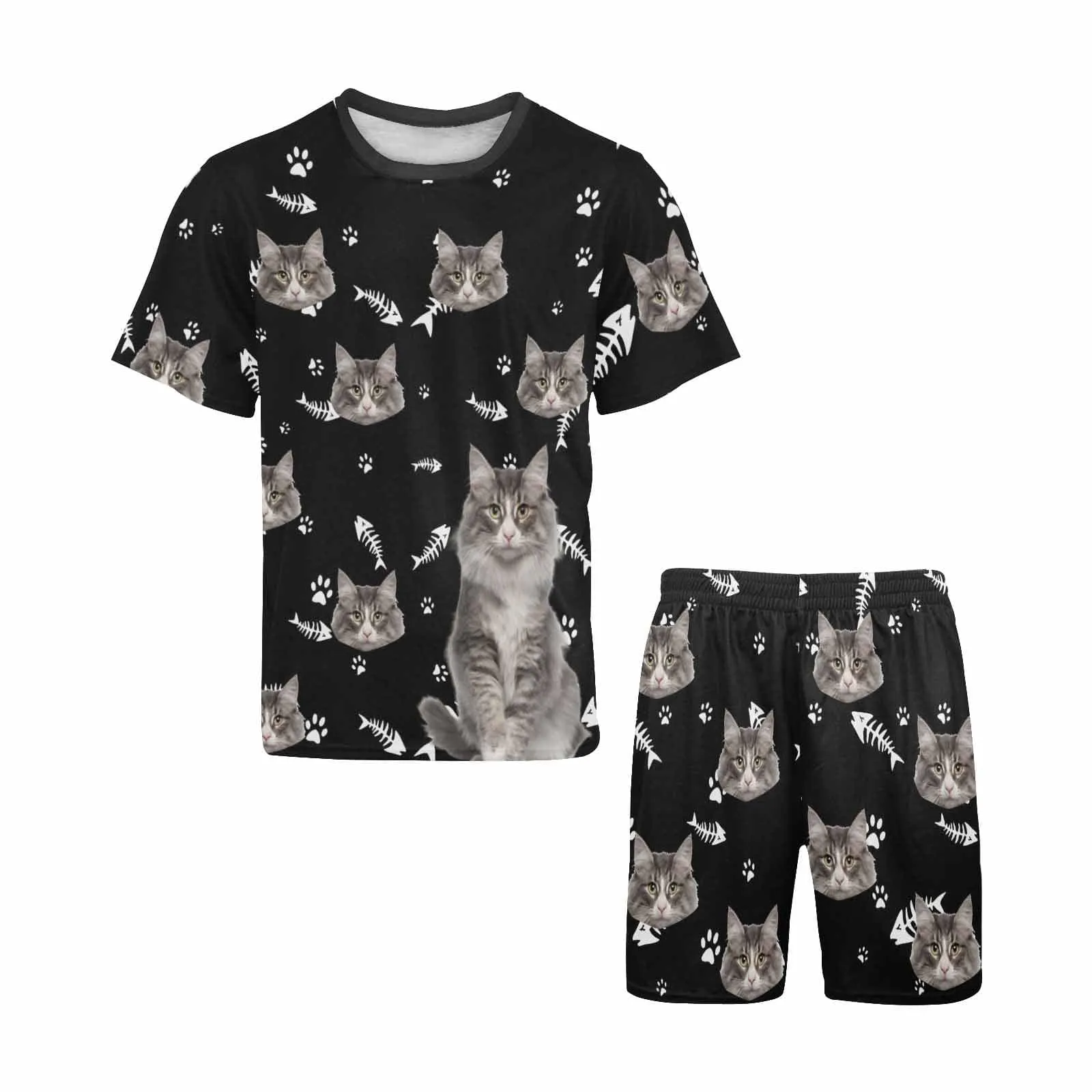 Personalized Pet Face Couple Pajamas Custom Cute Cat Couple Matching Crew Neck Short Pajama Set
