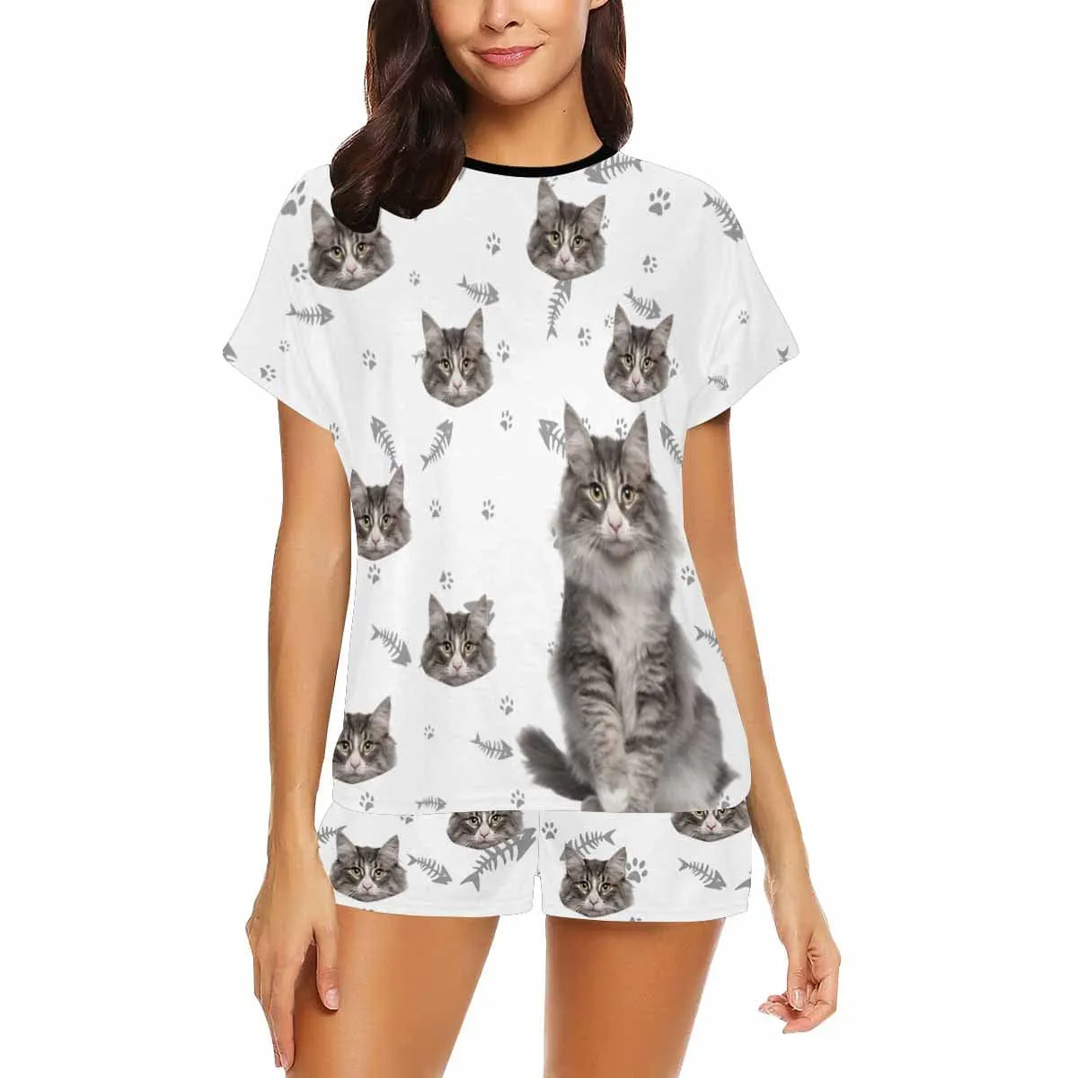 Personalized Pet Face Couple Pajamas Custom Cute Cat Couple Matching Crew Neck Short Pajama Set