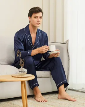 Piped Silk Pajamas - For Men Navy Blue
